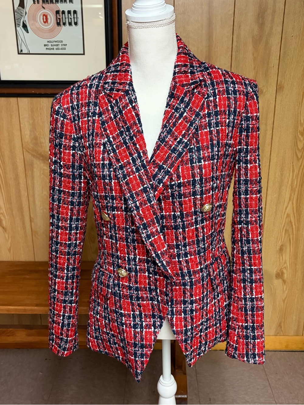 Alexia Admor Red & Navy Tweed Blazer Size 6